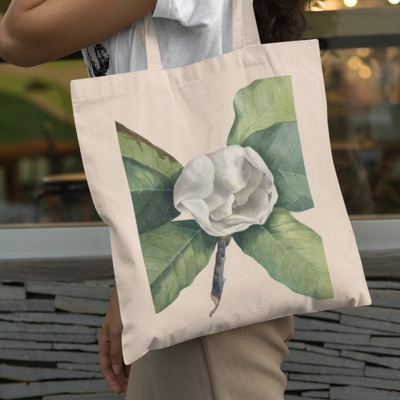 Outfit Bits Handbags - Southern Magnolia Tree Vintage Watercolor Floral Print Graphic Canvas Tote Bag